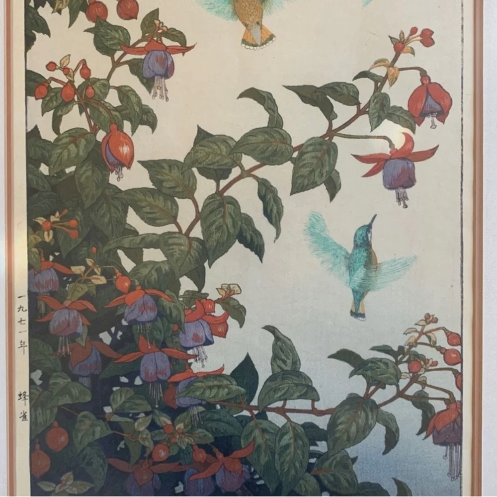 Toshi Yoshida Vintage Woodblock Framed Hummingbird and Fuchsia Signed Art Print - Picture 5 of 9